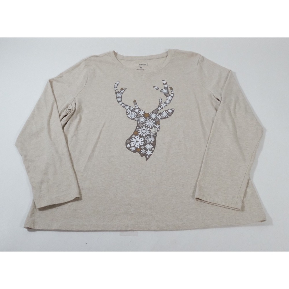 Sonoma‎ Long Sleeve Top Womens XL Oatmeal Reindeer Snowflake Graphic Holiday Tee